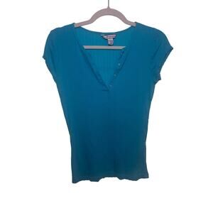 Y2K 00s Aeropostale Womens Teal Ribbed Henley Short Sleeve T Shirt Top Size L
